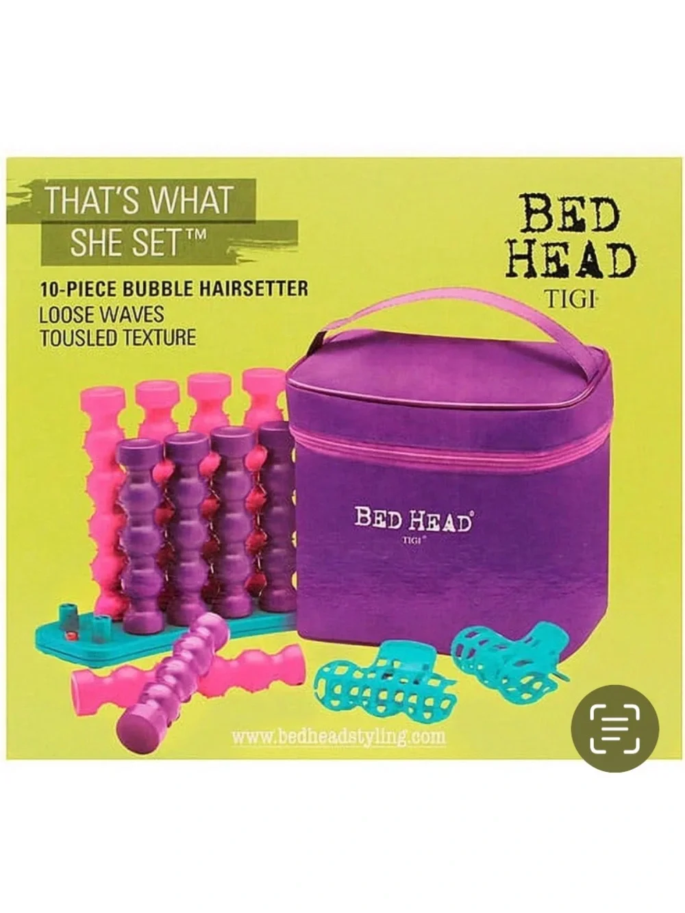 BedHead Purple Cosmetic Case with Teal and Pink Hair Rollers